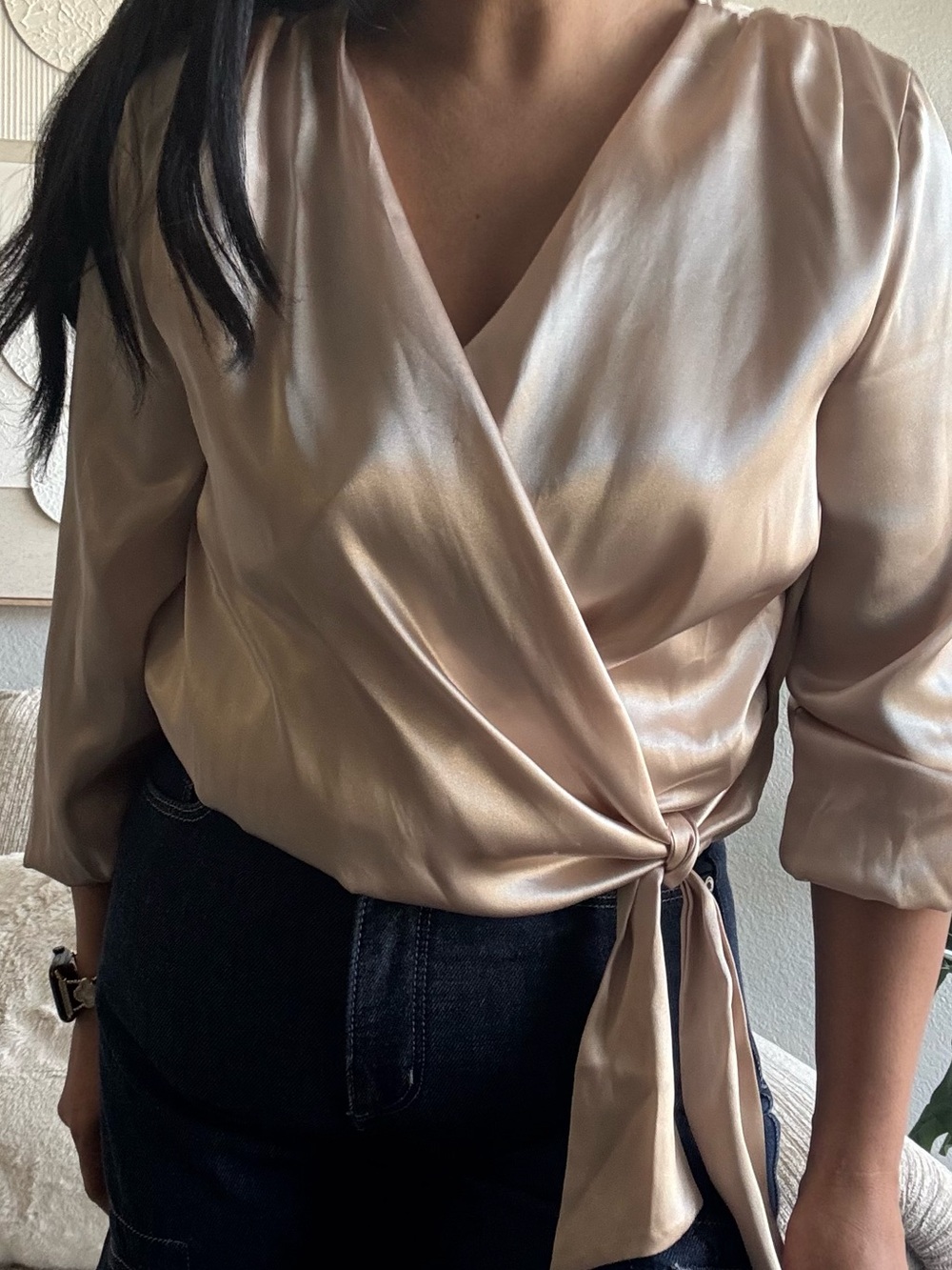 Satin Wrap Tie Blouse — Champagne Beige